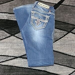 ROCK REVIVAL JACKLYN LEATHER SEQUINS BOOT-CUT DENIM JEAN